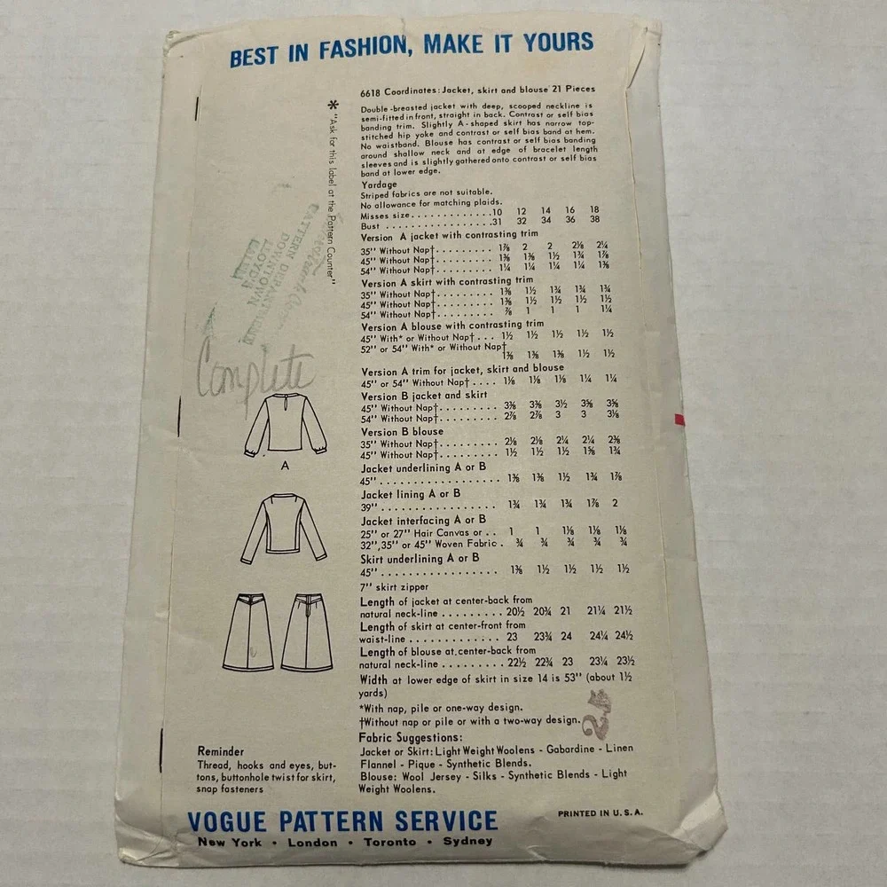 Vogue Vintage Pattern #6618 Juniors Jacket Skirt‎ Blouse Size 14